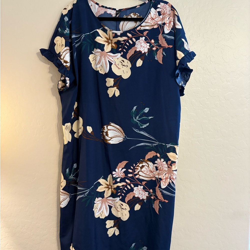 SHEIN Navy Floral Midi Dress with Cream & Pink Blooms